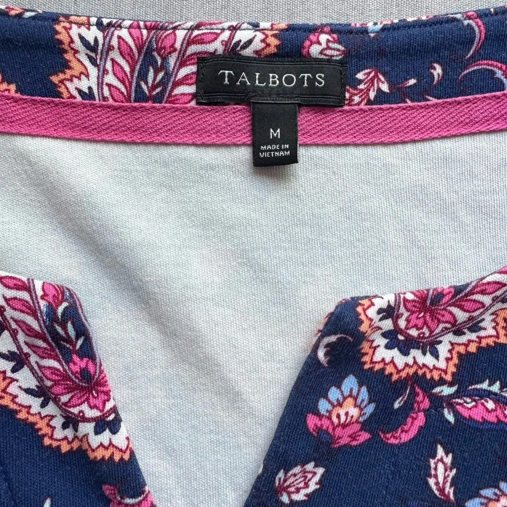 Talbots Dress Women's Sz‎ M Blue Pink Paisley Split Neck 3/4 Sleeve Lounge